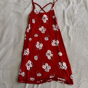 Red Mini Dress with Floral Pattern and Sleeveless Design